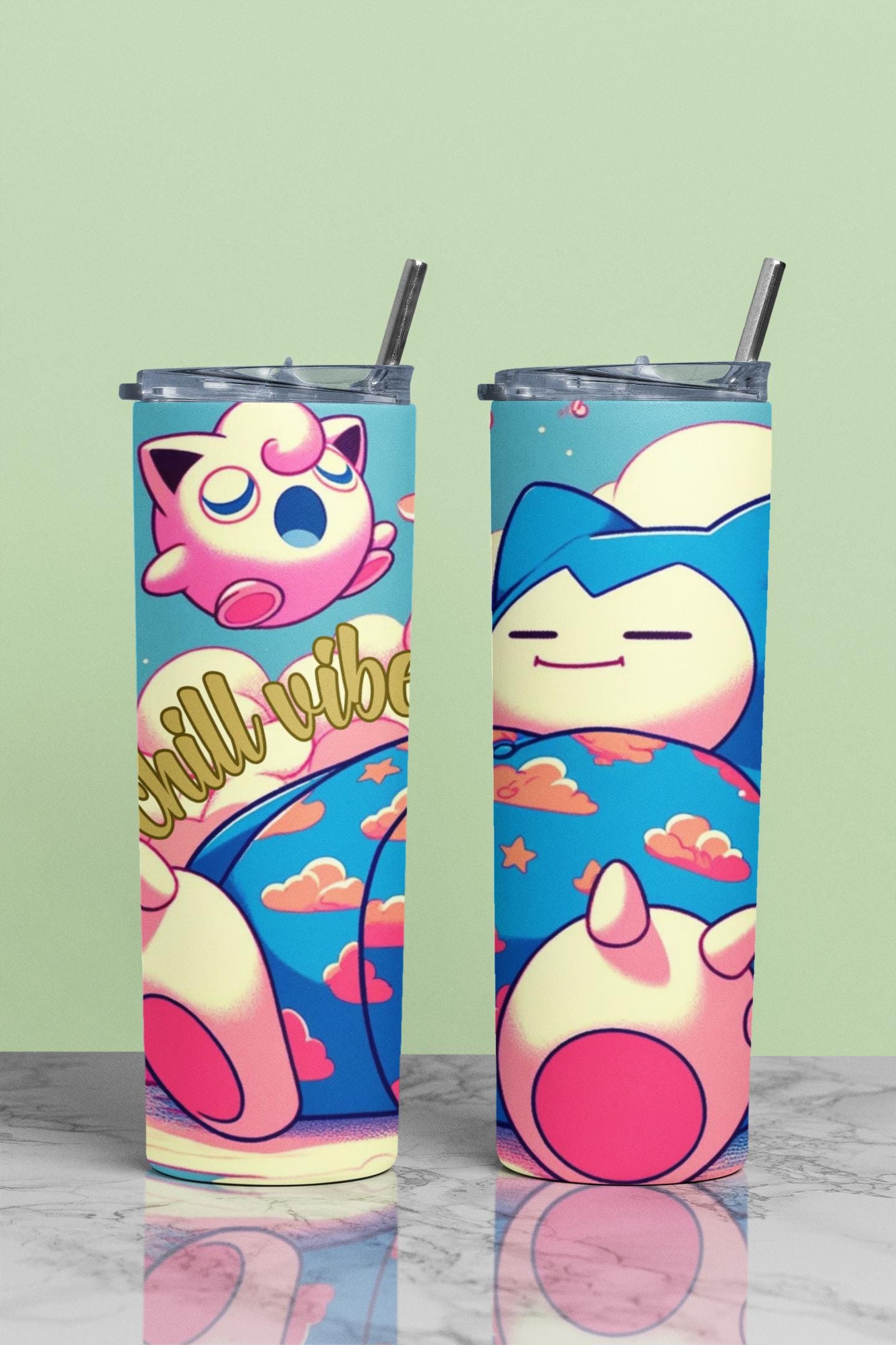 Snorlax and JigglyPuff! Chill Vibes Music Note Tumbler. Pokémon, 20 oz tumbler, gift