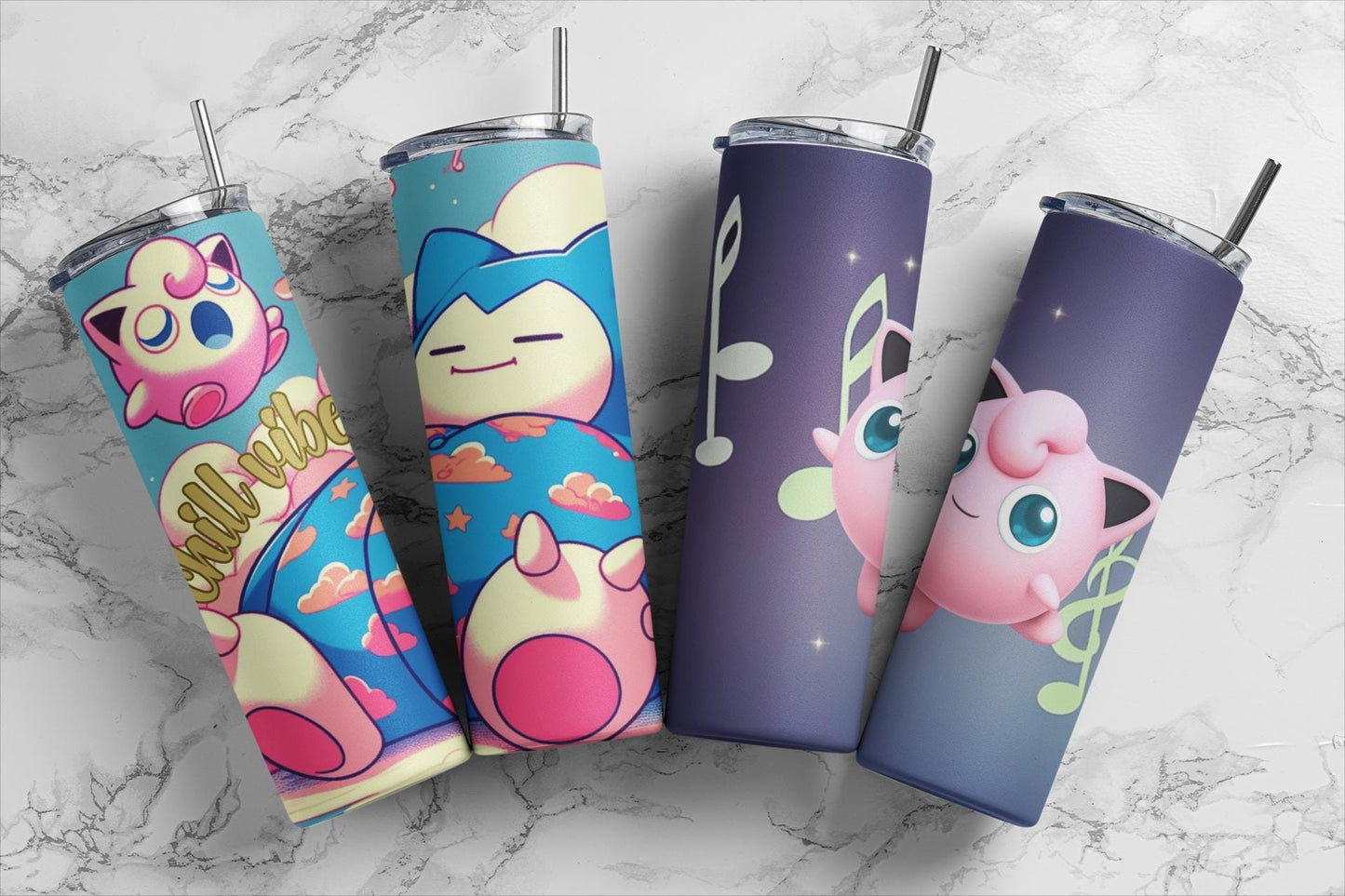 Snorlax and JigglyPuff! Chill Vibes Music Note Tumbler. Pokémon, 20 oz tumbler, gift